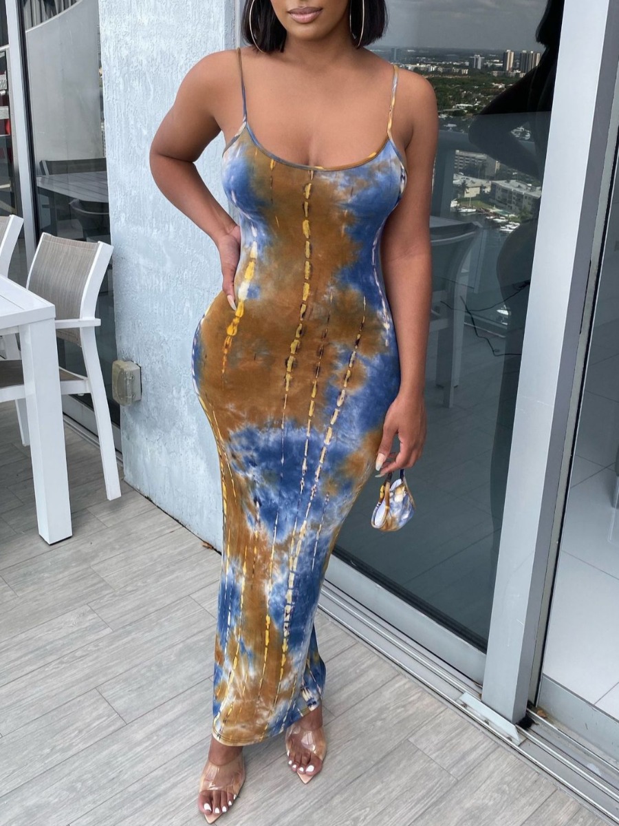 

lovely Trendy Tie-dye Blue Ankle Length Dress