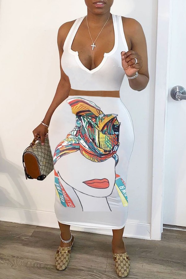

lovely Casual Print White Two-piece Skirt Set