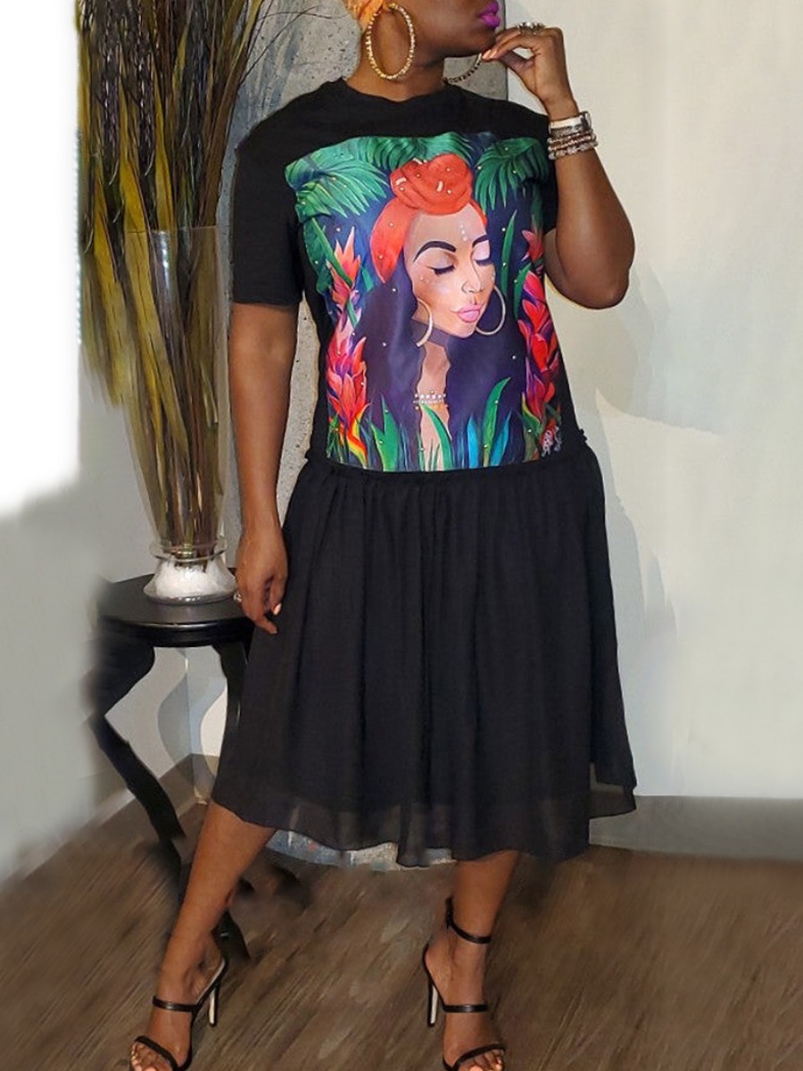 

lovely Casual O Neck Print Black Mid Calf Dress