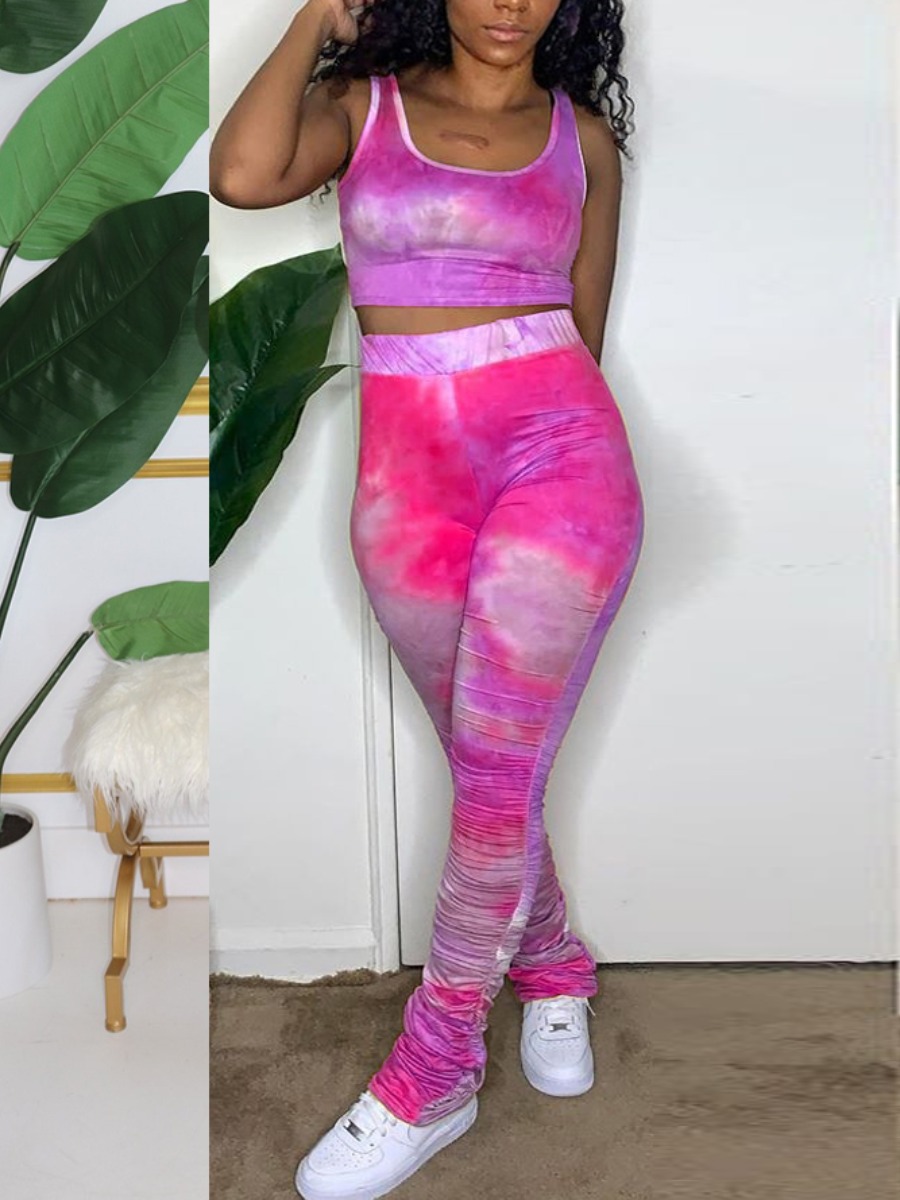 

lovely Trendy Tie Dye Rose Red Two Piece Pants Set