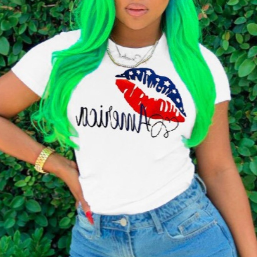 

lovely Casual O Neck Lip Print White T-shirt