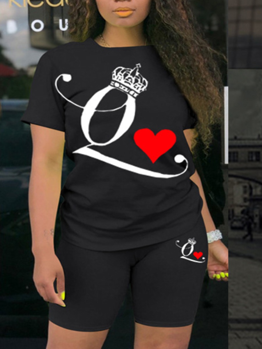 

lovely Street O Neck Letter Print Black Two Piece Shorts Set
