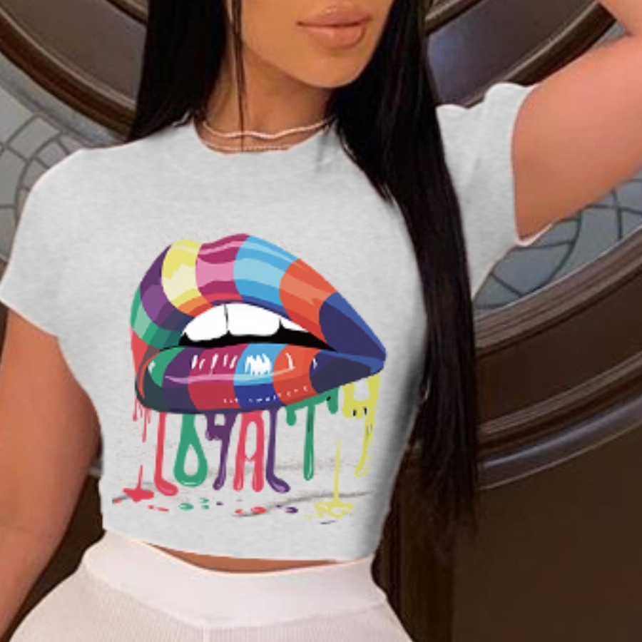 

lovely Leisure O Neck Lip Print Grey T-shirt