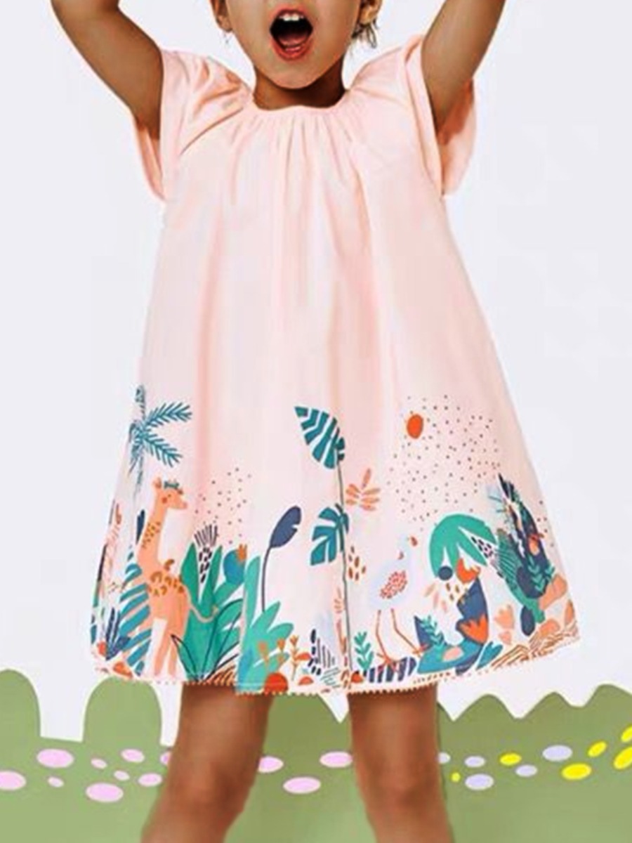 

lovely Casual O Neck Plants Print Pink Girl Mini Dress