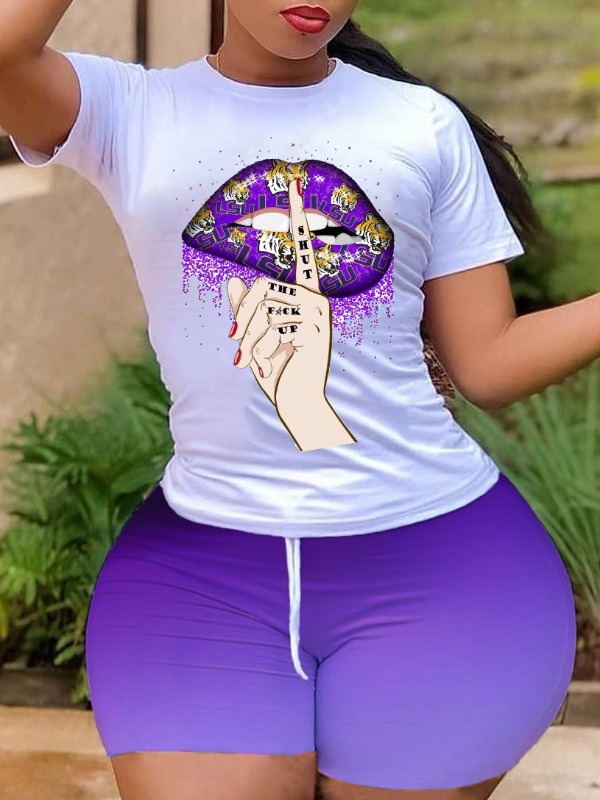 

lovely Street O Neck Lip Print Purple Plus Size Two-piece Shorts Set