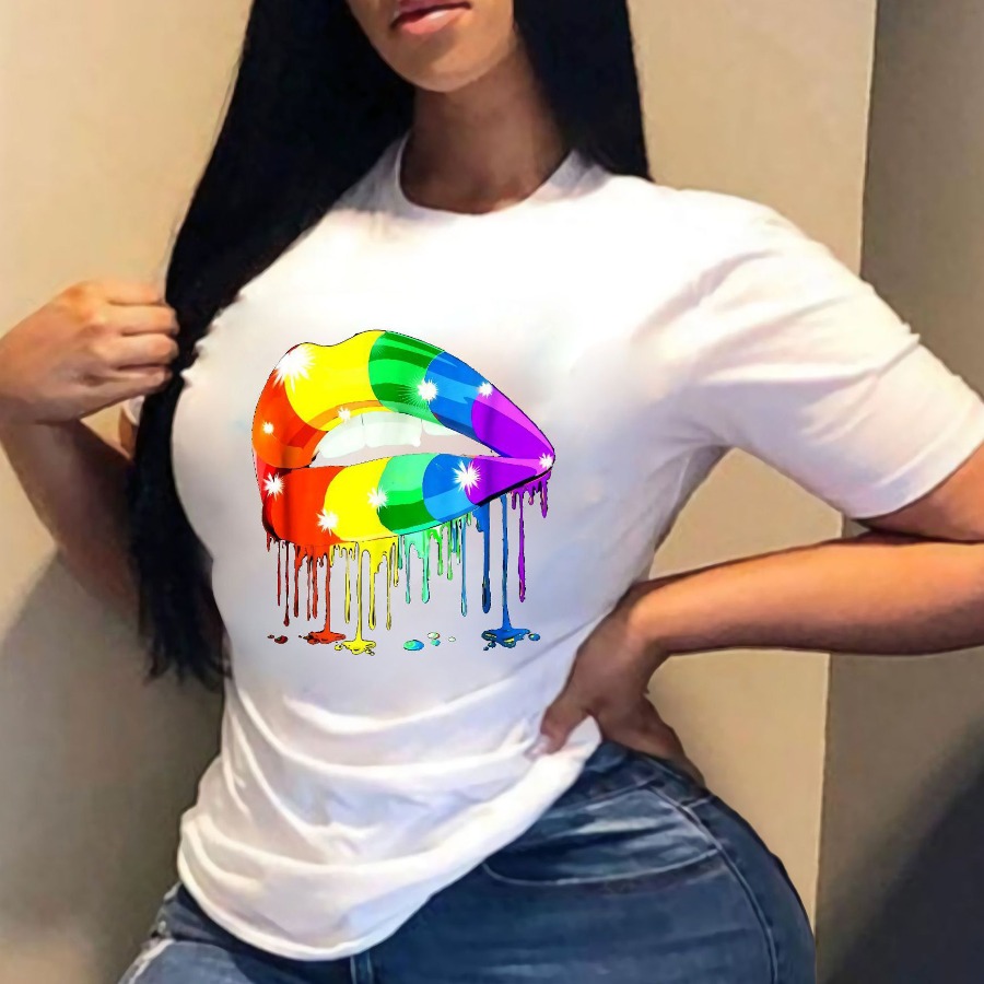 

lovely Street O Neck Lip Print White Plus Size T-shirt