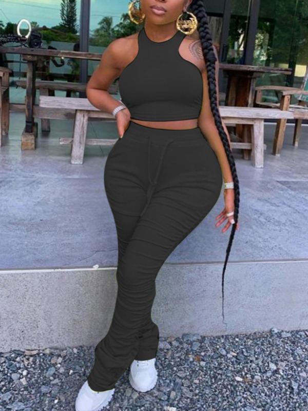 

Lovely Stylish Fold Design Black Plus Size Two-piece Pants Set