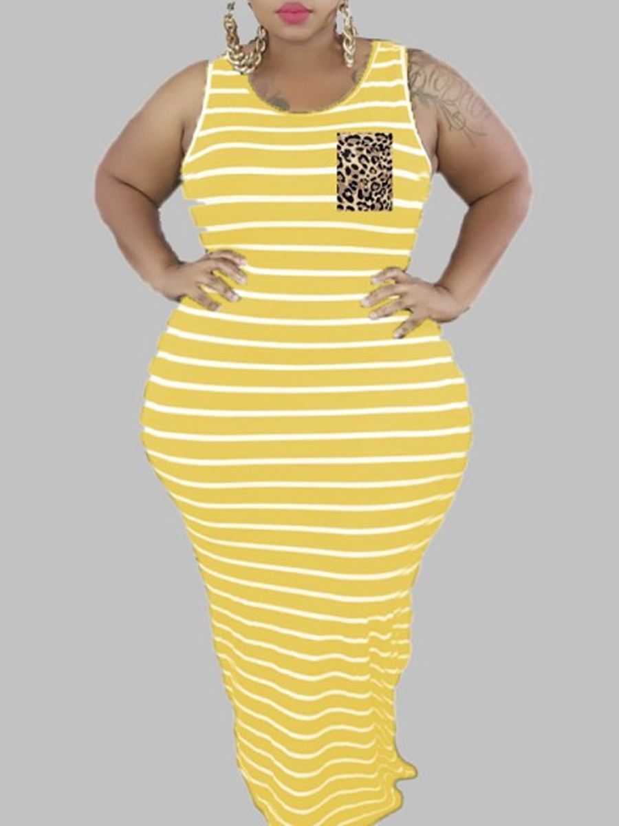 

lovely Casual Striped Yellow Maxi Plus Size Dress