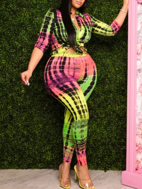 

Lovely Casual Print Green Plus Size Two-piece Pants Set