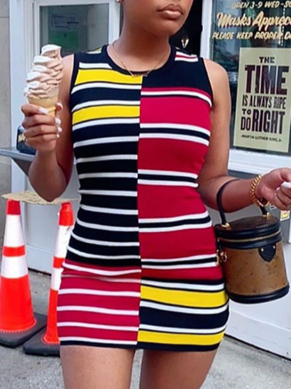 

Lovely Casual Striped Patchwork Multicolor Mini Dress, Multicolor stripe