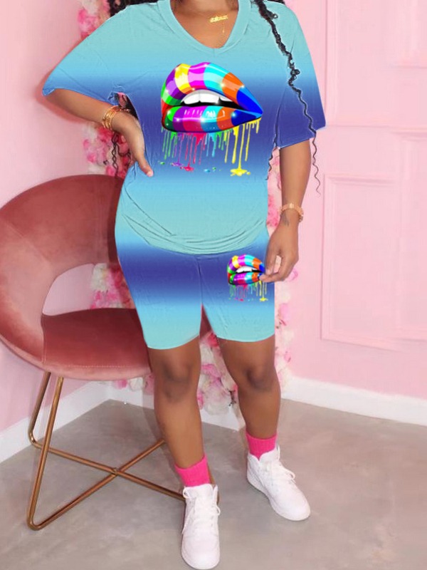 

lovely Casual O Neck Lip Print Blue Two Piece Shorts Set