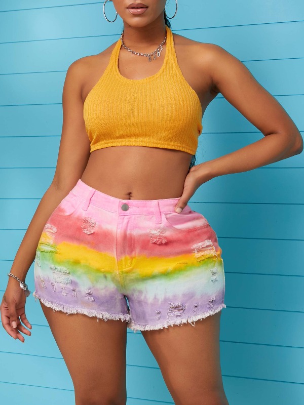 

lovely Casual Tie-dye Broken Holes Multicolor Denim Shorts, Multi