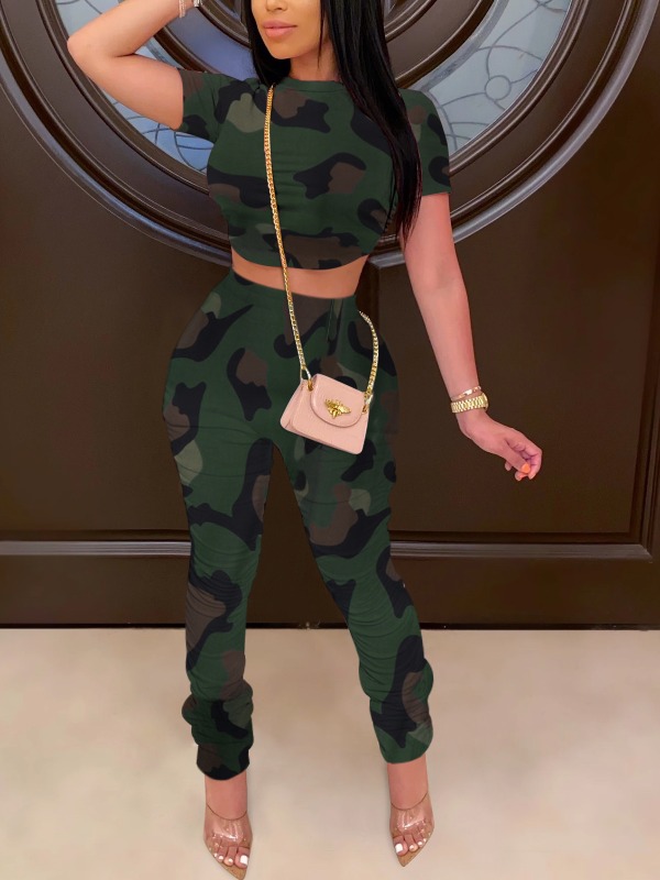 

lovely Casual O Neck Camo Print Lace-up Two Piece Pants Set