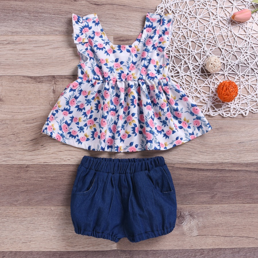 

lovely Sweet Floral Print Blue Girl Two-piece Shorts Set
