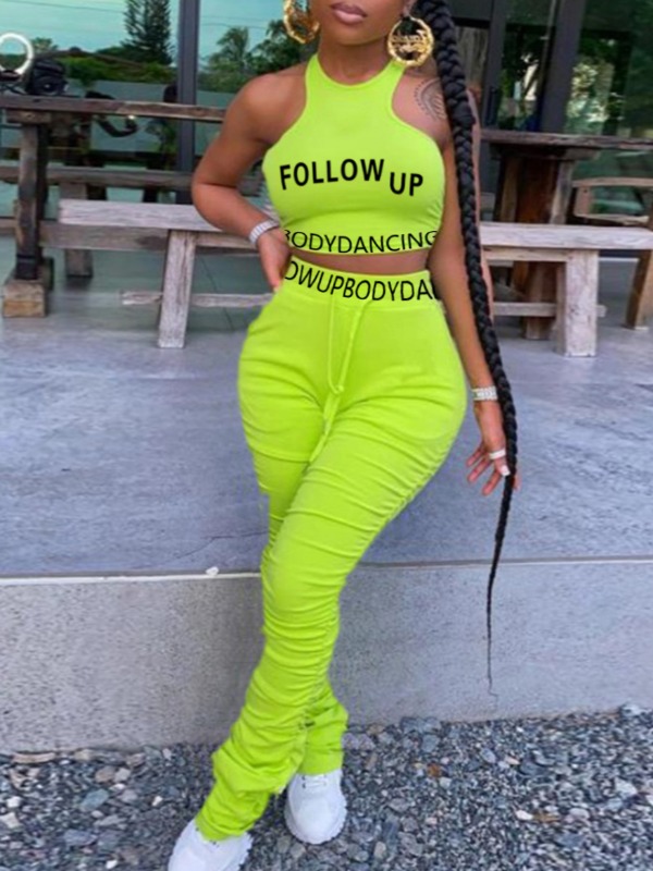 

lovely Sportswear O Neck Letter Fold Design Green Two Piece Pants Set