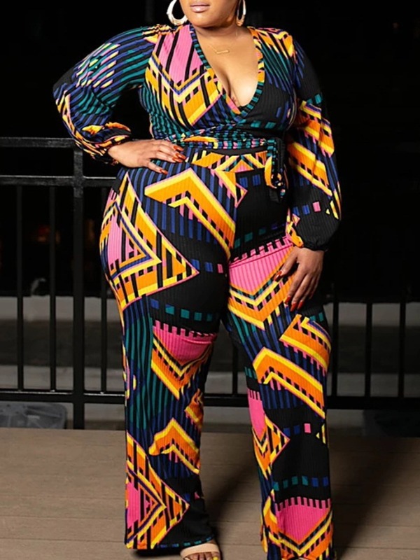 

lovely Trendy Deep V Neck Print Multicolor Plus Size One-piece Jumpsuit, Multi