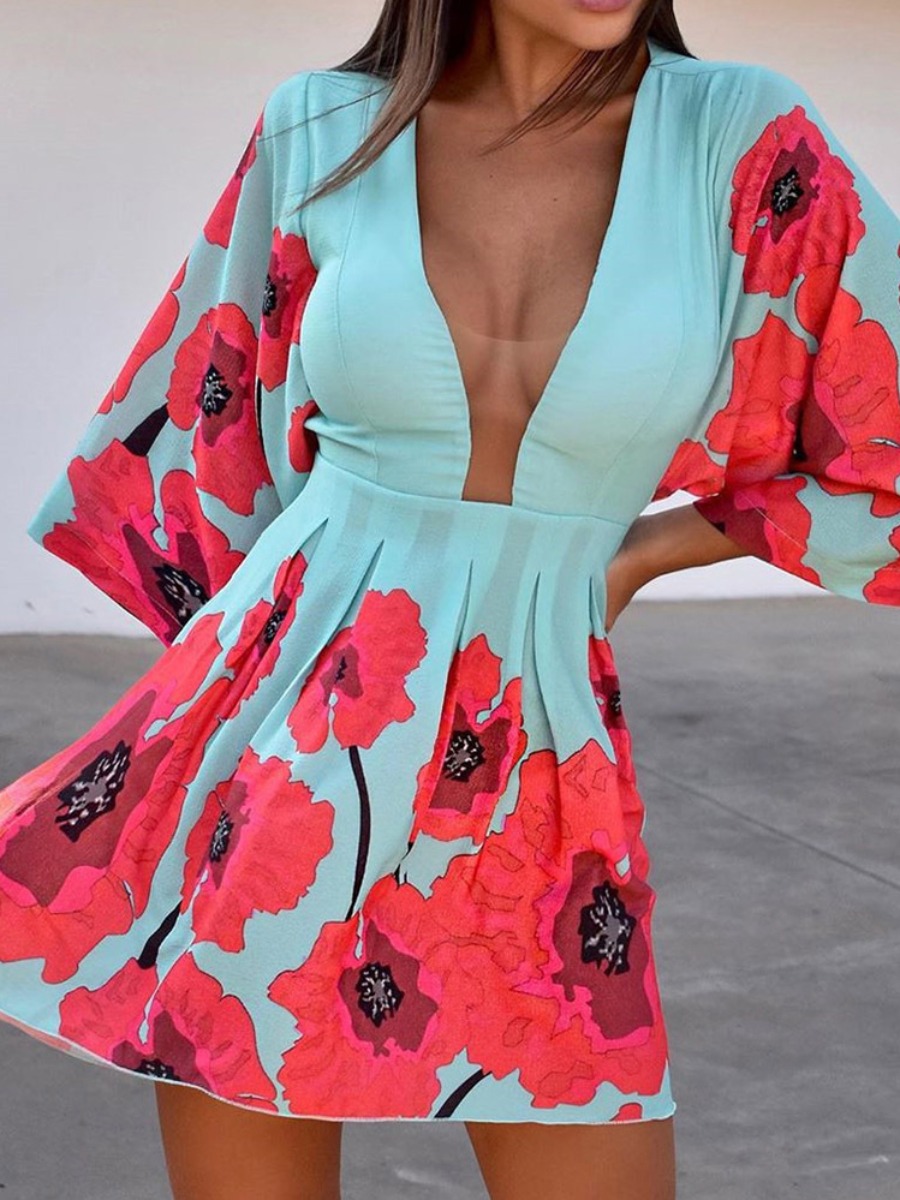 

lovely Trendy Deep V Neck Print Red Mini Dress