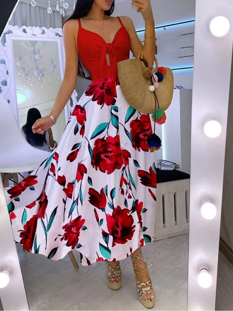 

lovely Bohemian Print Patchwork Red Ankle Length Dress