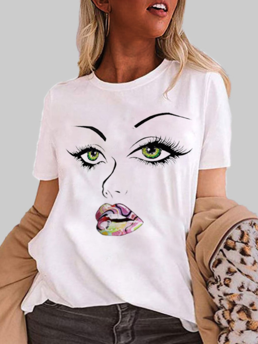 

lovely Leisure O Neck Print White Plus Size T-shirt