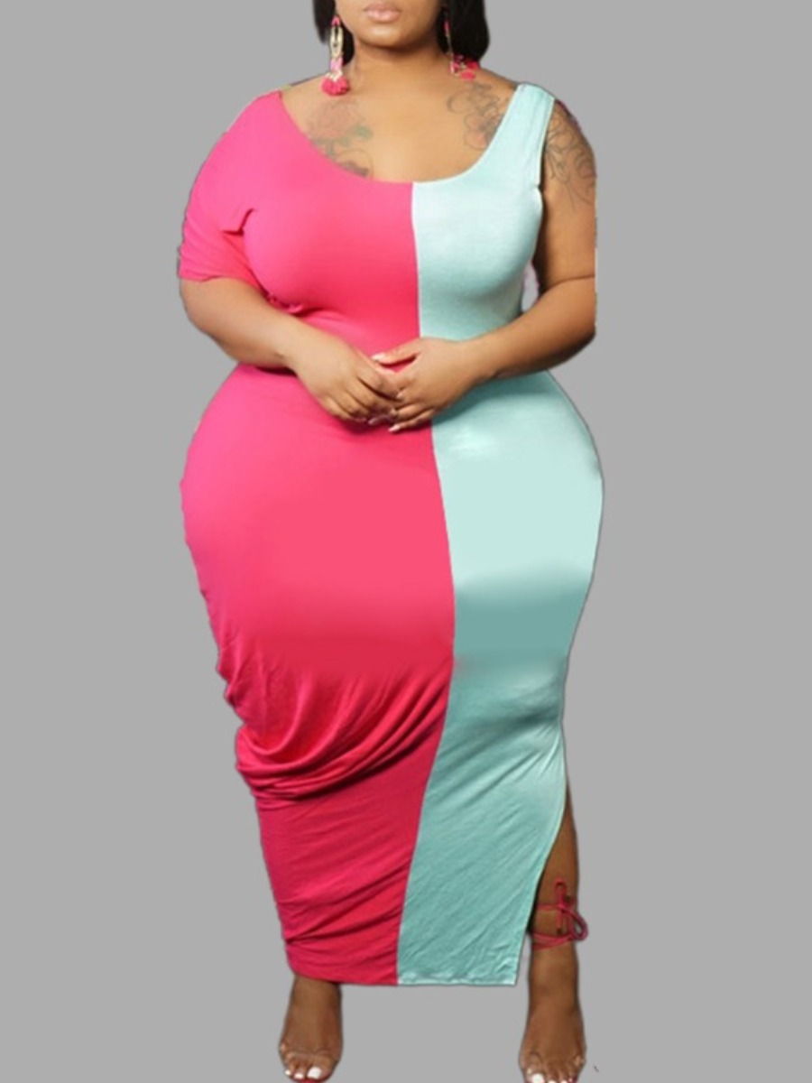 

lovely Sexy Patchwork Asymmetrical Rose Red Ankle Length Plus Size Dress
