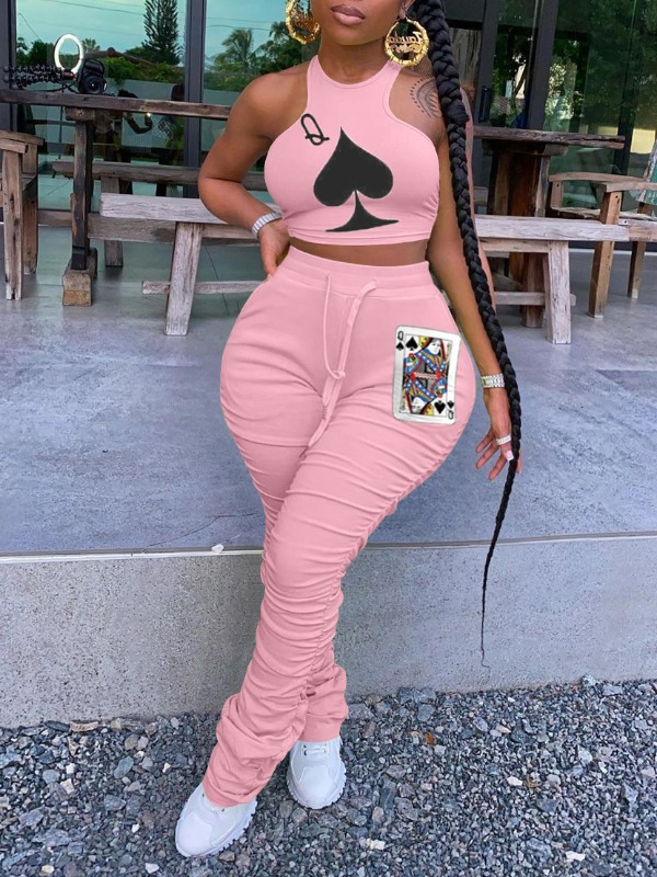 

lovely Casual Print Fold Design Pink Plus Size Two-piece Pants Set