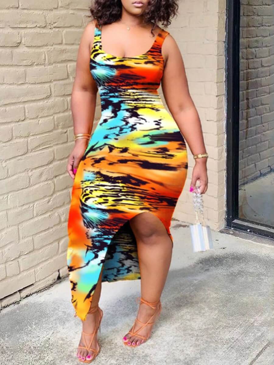 LW Trendy U Neck Print Orange Ankle Length Dress