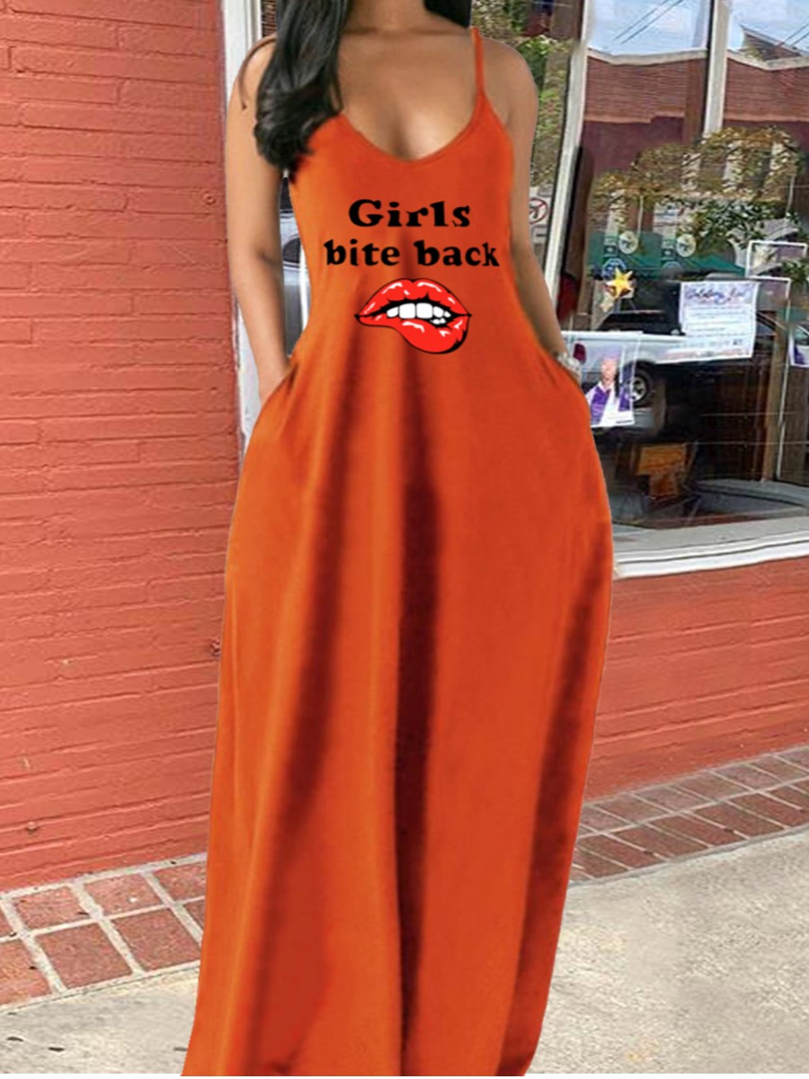 

Lovely Casual V Neck Lip Print Caramel Color Maxi Dress
