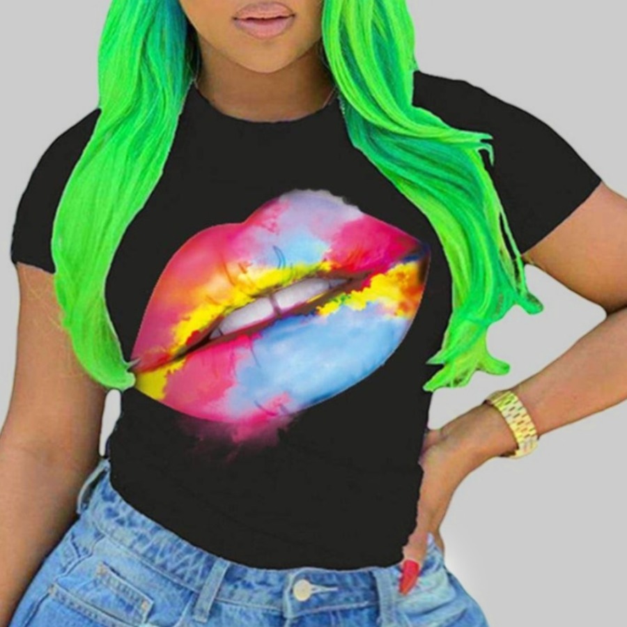 

Lovely Casual O Neck Lip Print Black Plus Size T-shirt