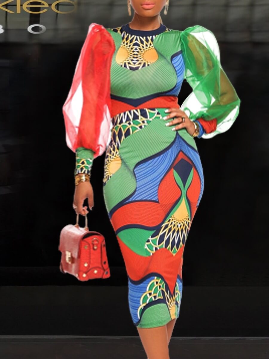 

LW Street O Neck Print Green Knee Length Dress