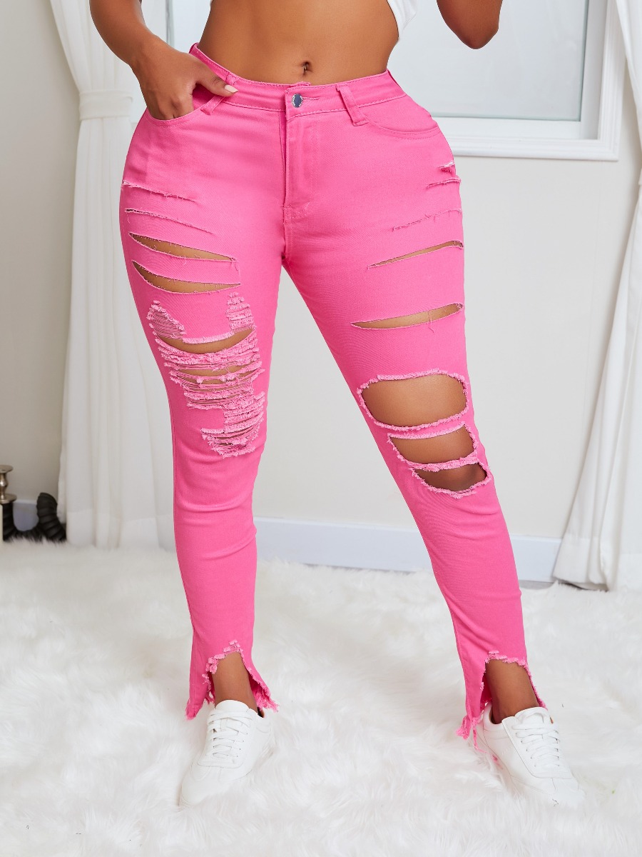 

lovely Stylish Hollow-out Pink Jeans