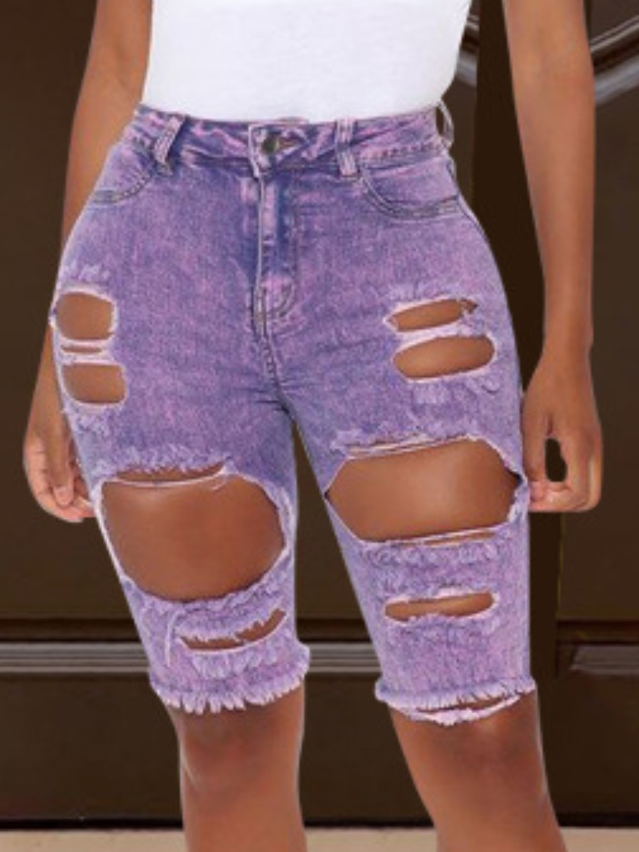 

lovely Street Hollow-out Purple Denim Shorts