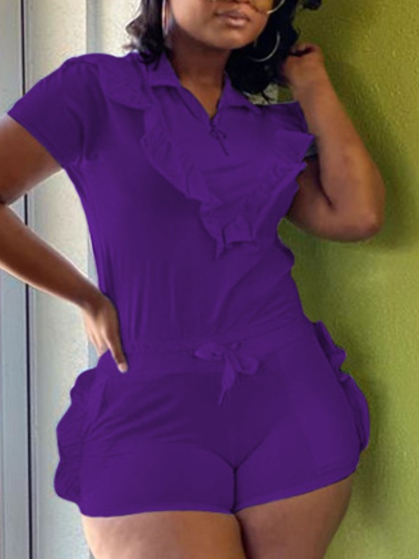 

lovely Stylish Flounce Design Lace-up Purple Two Piece Shorts Set