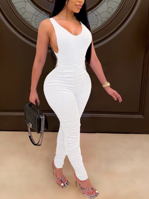 

lovely Sportswear Backless Fold Design White Two Piece Pants Set
