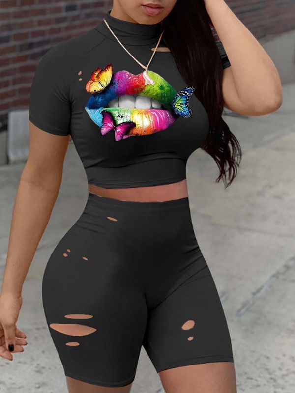 

lovely Casual O Neck Lip Print Hollow-out Black Two Piece Shorts Set