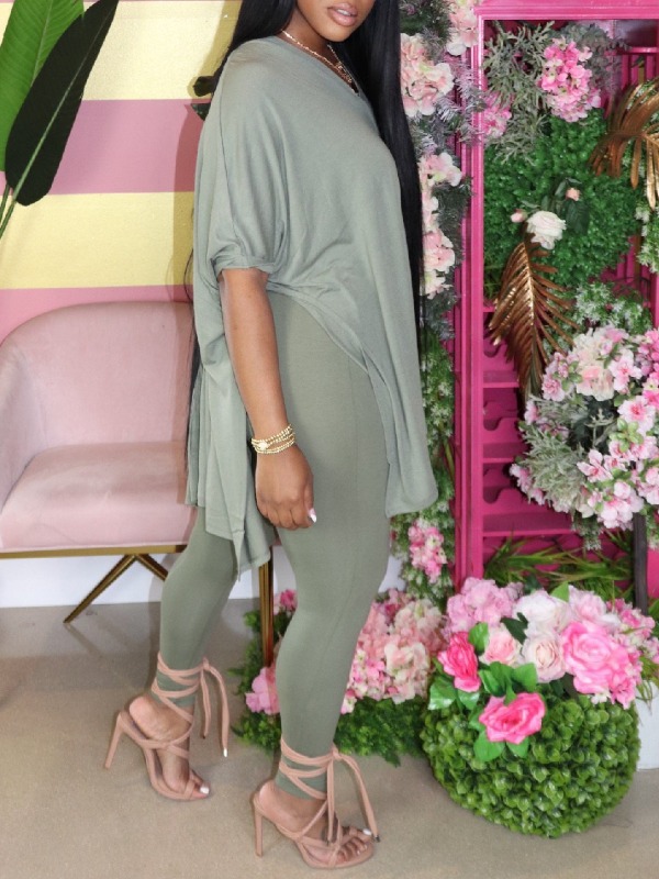 

Lovely Casual V Neck Side Slit Light Green Two Piece Pants Set