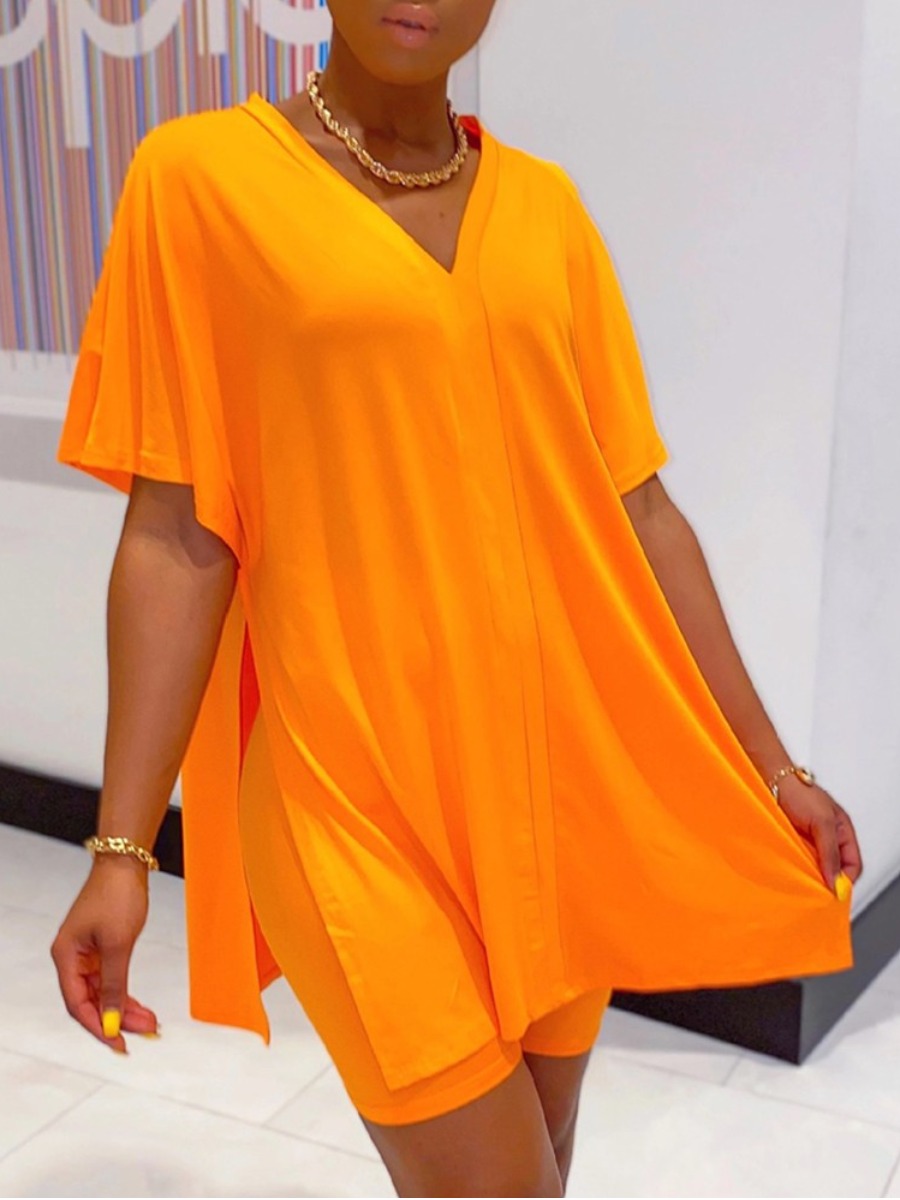 

lovely Leisure V Neck Side Slit Orange Loungewear