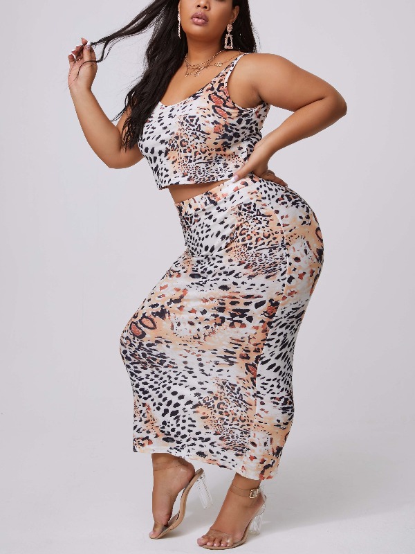 

lovely Sexy Spaghetti Strap Leopard Print Plus Size Two-piece Skirt Set