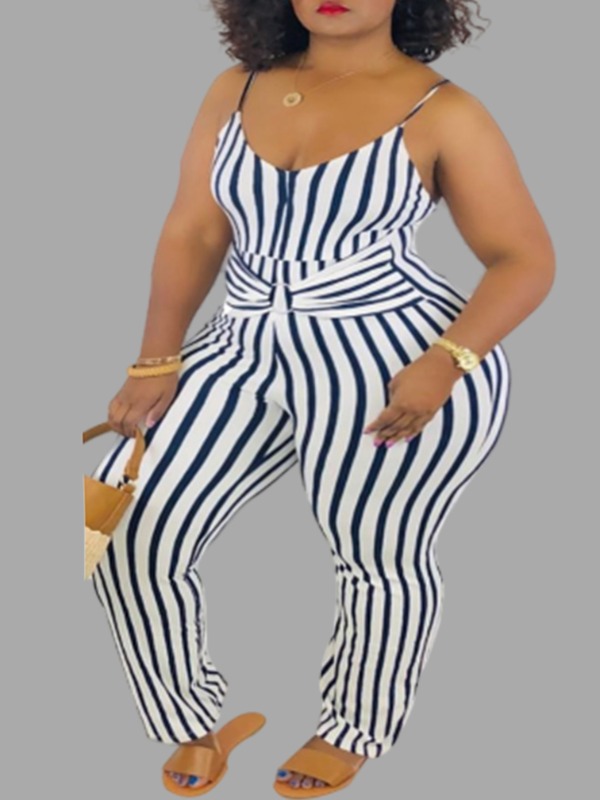 

lovely Trendy Striped Navy Blue Plus Size One-piece Jumpsuit