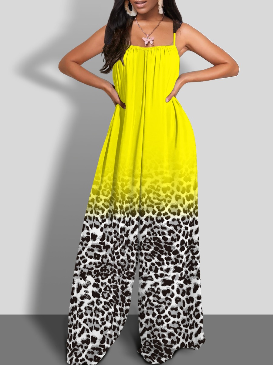 

Lovely Bohemian Spaghetti Strap Print Yellow Plus Size One-piece Jumpsuit
