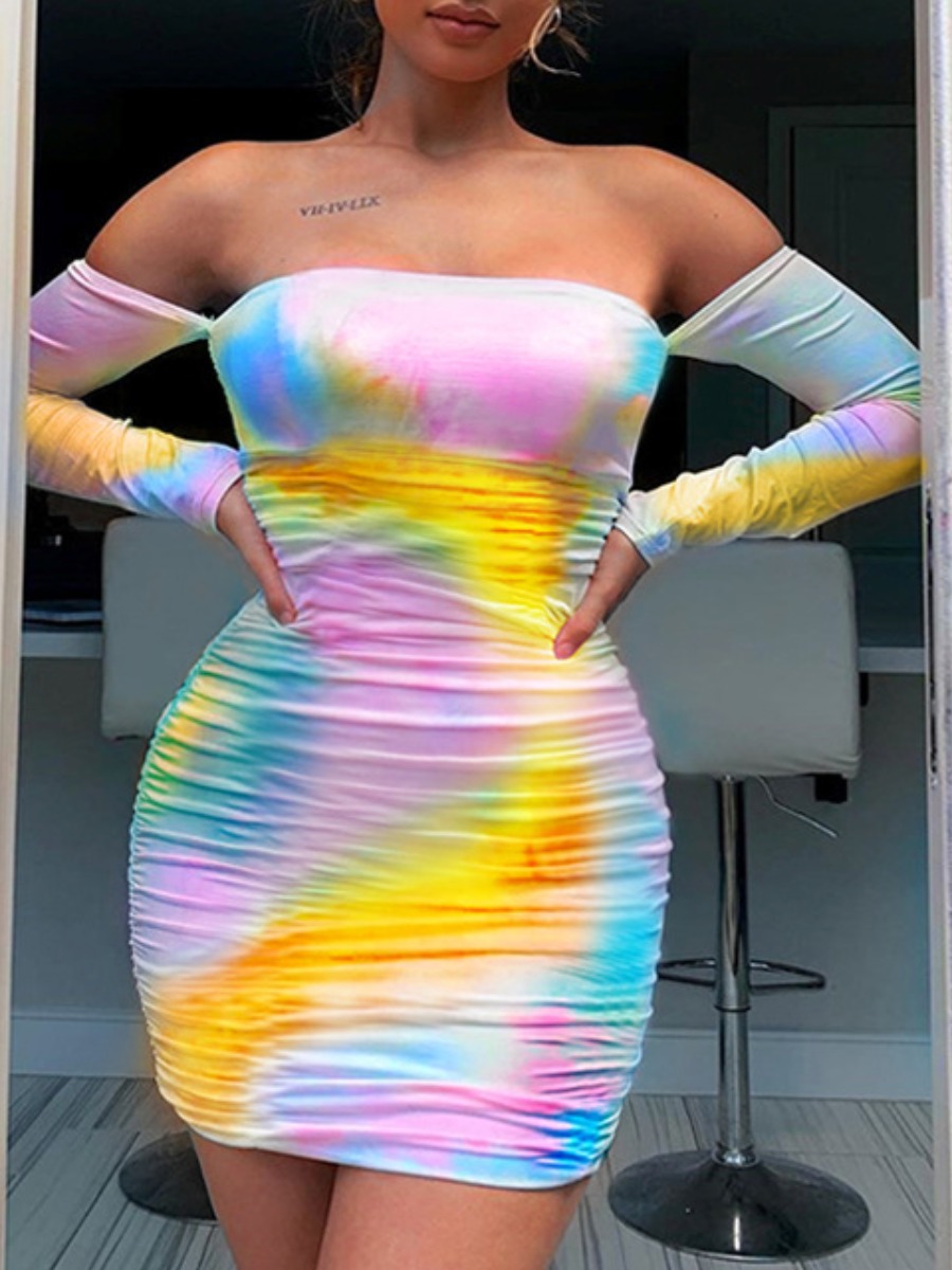 

lovely Street Dew Shoulder Tie-dye Multicolor Mini Dress, Multi