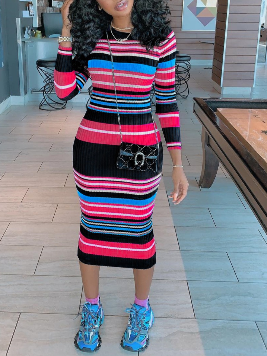 

lovely Stylish O Neck Striped Multicolor Mid Calf Dress, Multicolor stripe