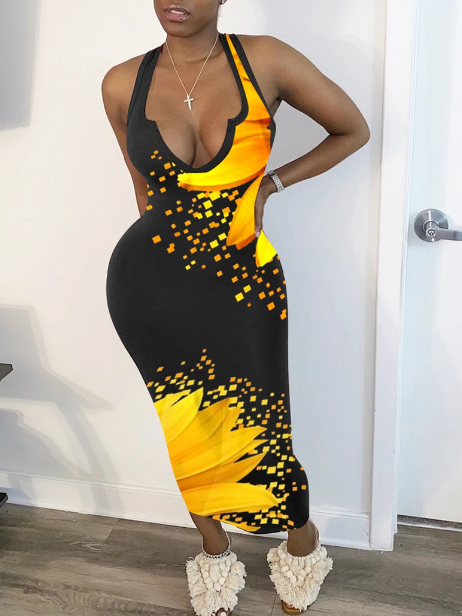 

lovely Sportswear Print Yellow Mid Calf Dress