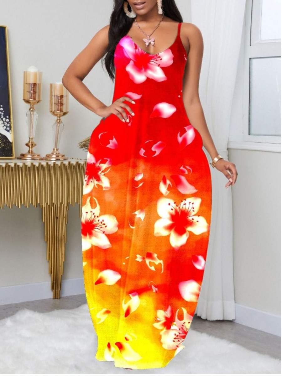 

lovely Bohemian V Neck Print Red Maxi Dress