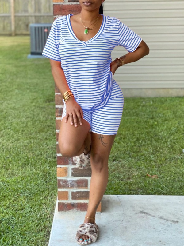 

lovely Casual Striped Blue Two Piece Shorts Set