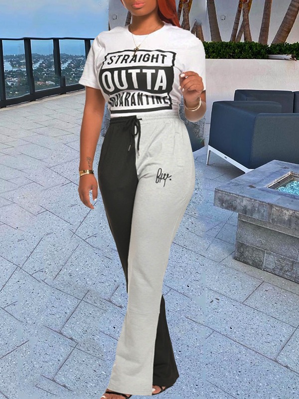 

lovely Street O Neck Letter Print Patchwork White Two Piece Pants Set