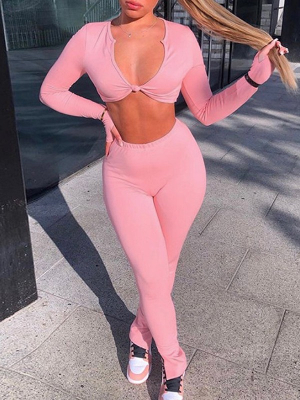 

lovely Trendy Knot Design Skinny Pink Two Piece Pants Set