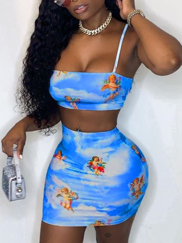 

lovely Sexy Spaghetti Strap Print Blue Two Piece Skirt Set