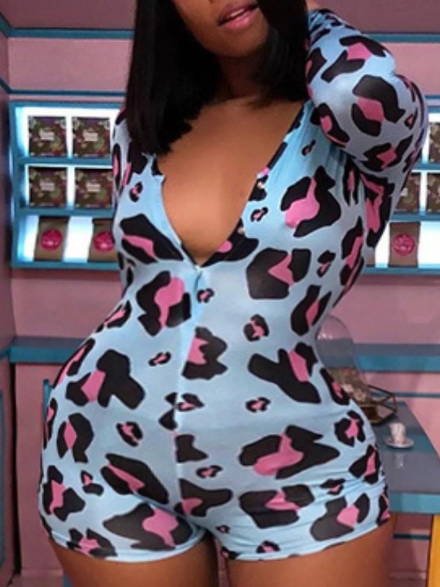 

lovely Stylish V Neck Print Blue One-piece Romper