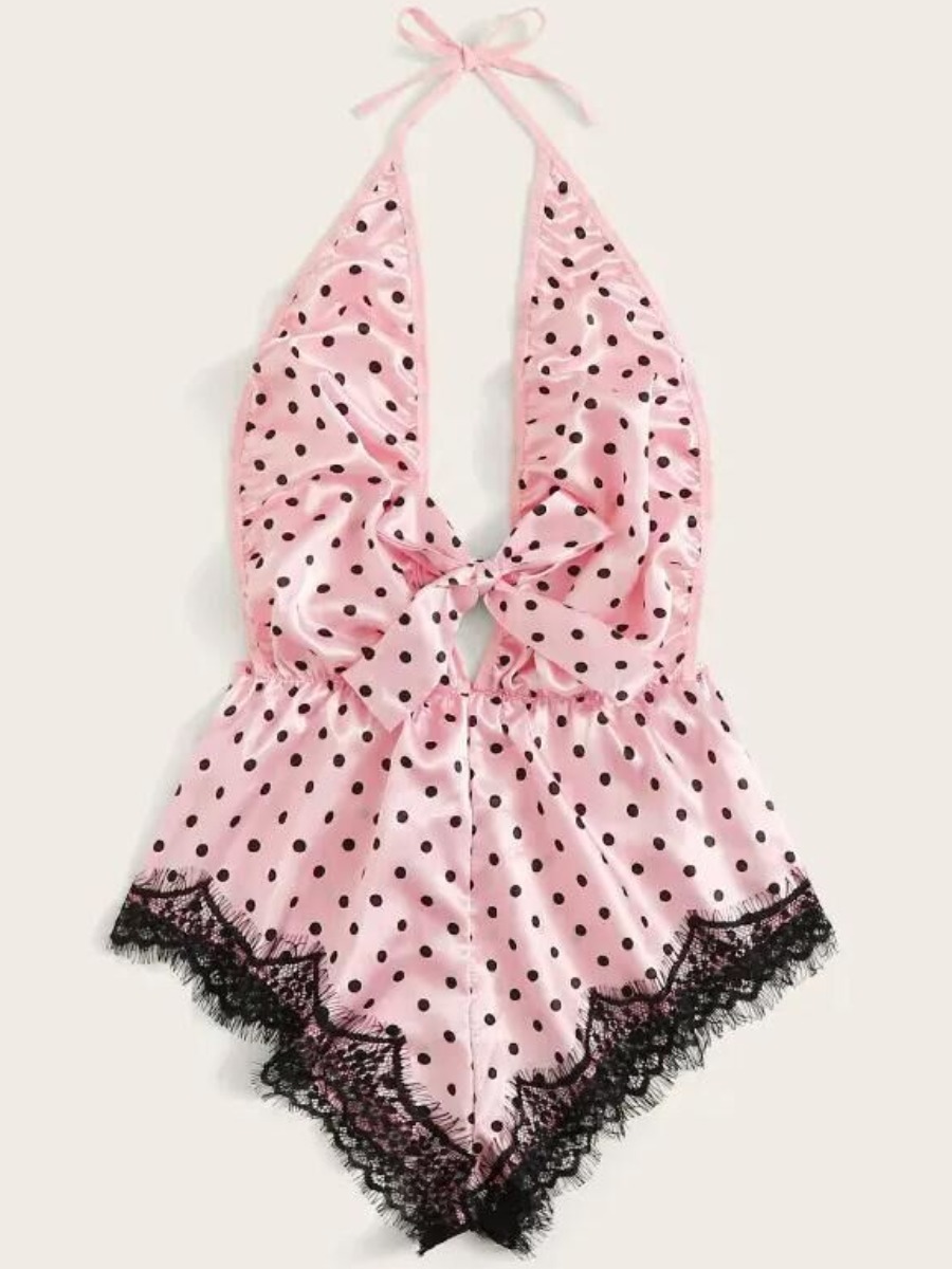 

lovely Sexy Lace Hem Dot Print Pink Sleepwear