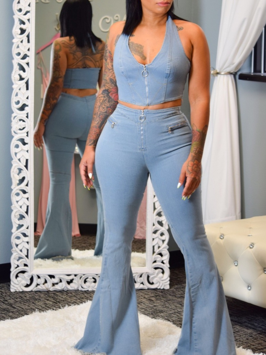 

LW Trendy Zipper Design Baby Blue Denim Two Piece Pants Set